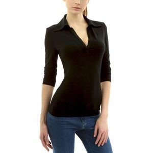 AmélieBoutik Women's‎ Black Collar V Neck Long Sleeve Polo Shirt Size L